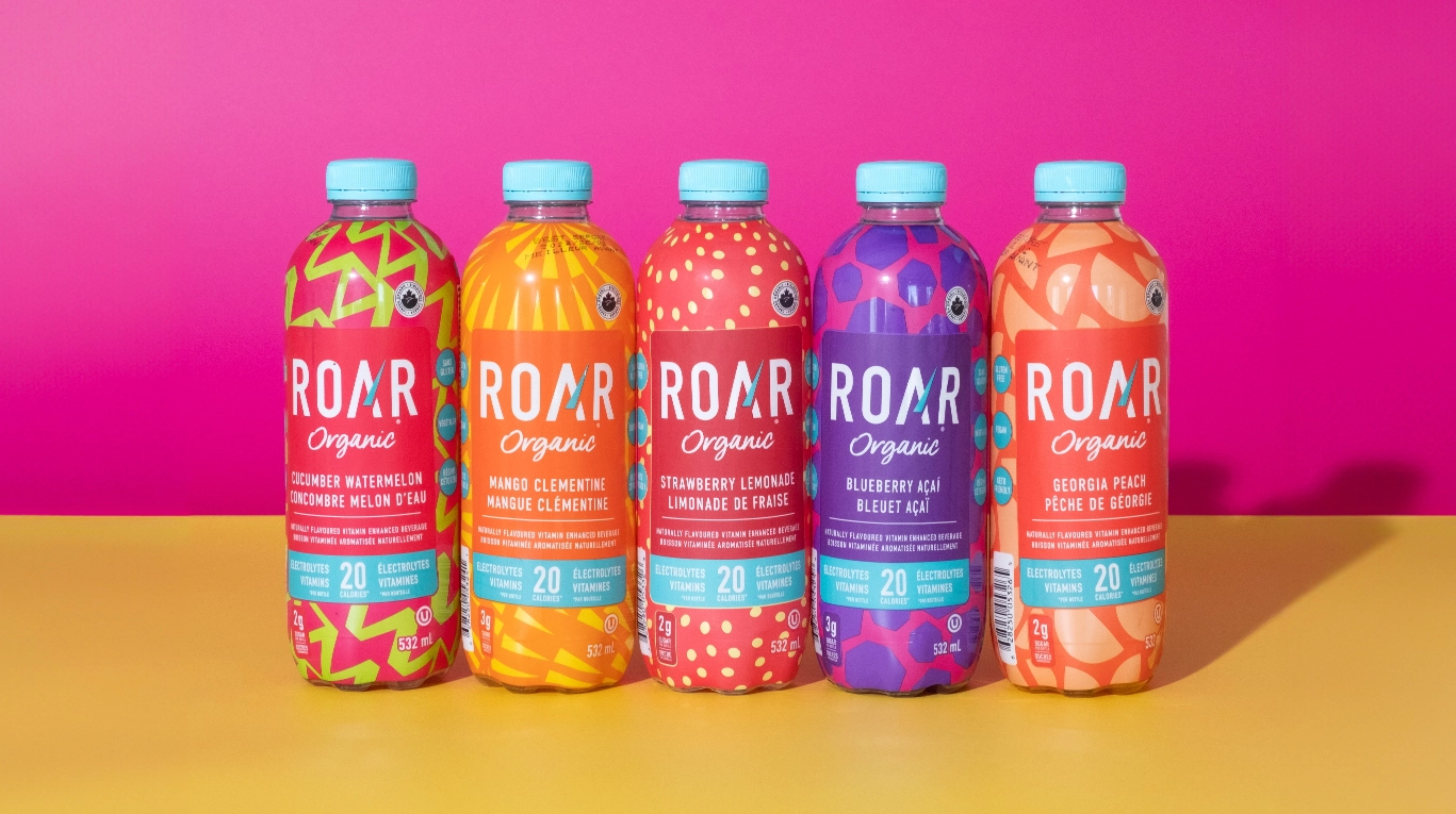 Roar Organic selection of bottled beverages. Toronto Food Photography