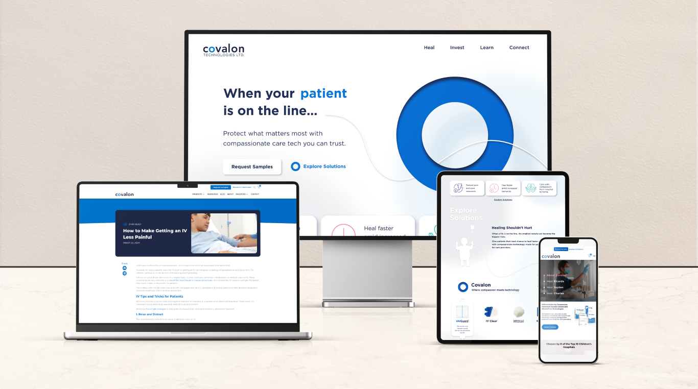 Covalon website mockups on mac, macbook, ipad and iphone
