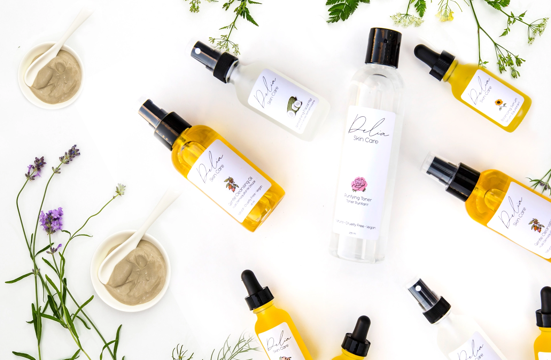 Delia skin care products in a flat lay photography