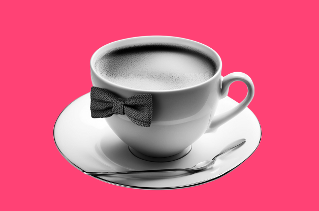 pink background with black and white photo of coffee mug