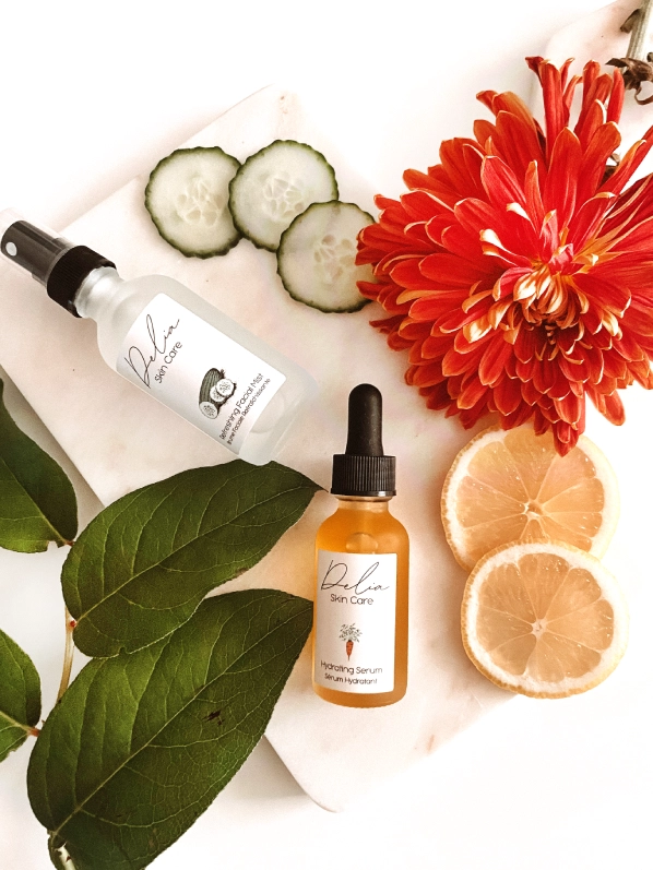 Delia skincare flatlay with florals